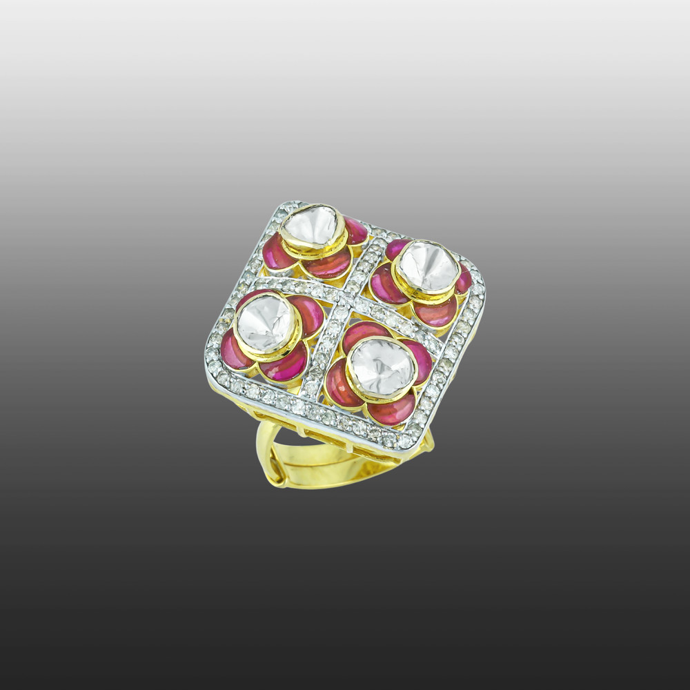 Square Polki Ring with Pink Enamel and Diamond Border